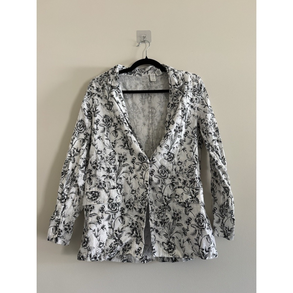 Joie Kishina 100% Linen Floral Blazer Jacket White‎ Black One Button Medium M